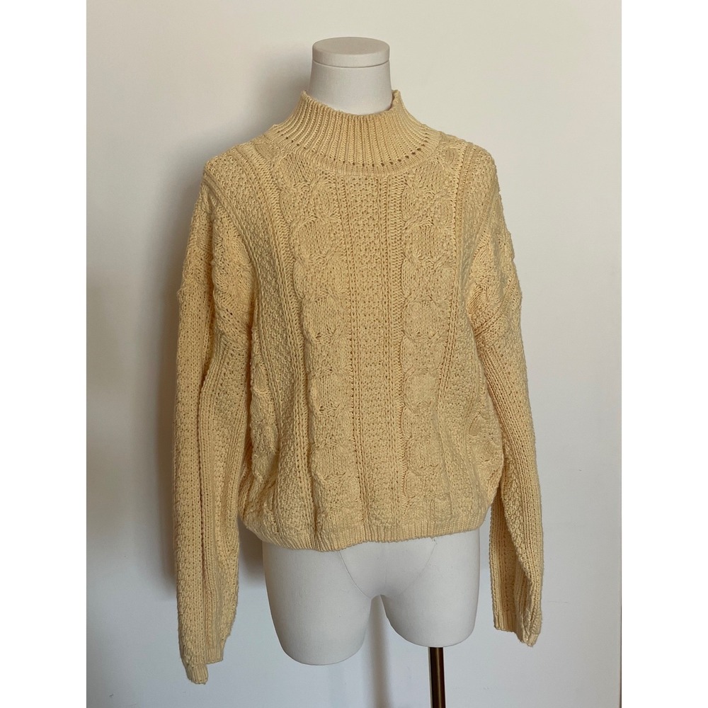 Vintage USA Made Knitmania Cable Knit Sweater Butter Yellow Mock Neck Pullover